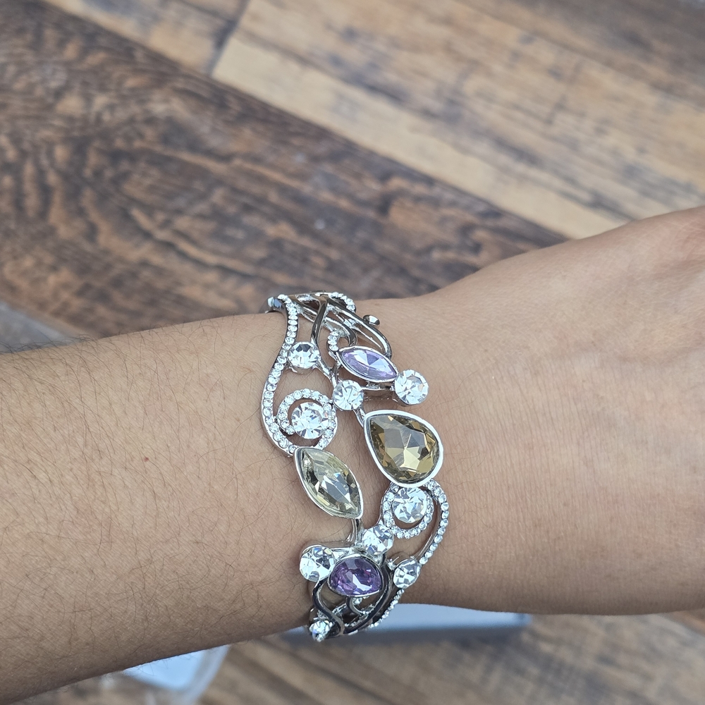 Elegant Silver and Faux Gem with Purple Accents Cuff Bracelet. - Picture 4 of 6